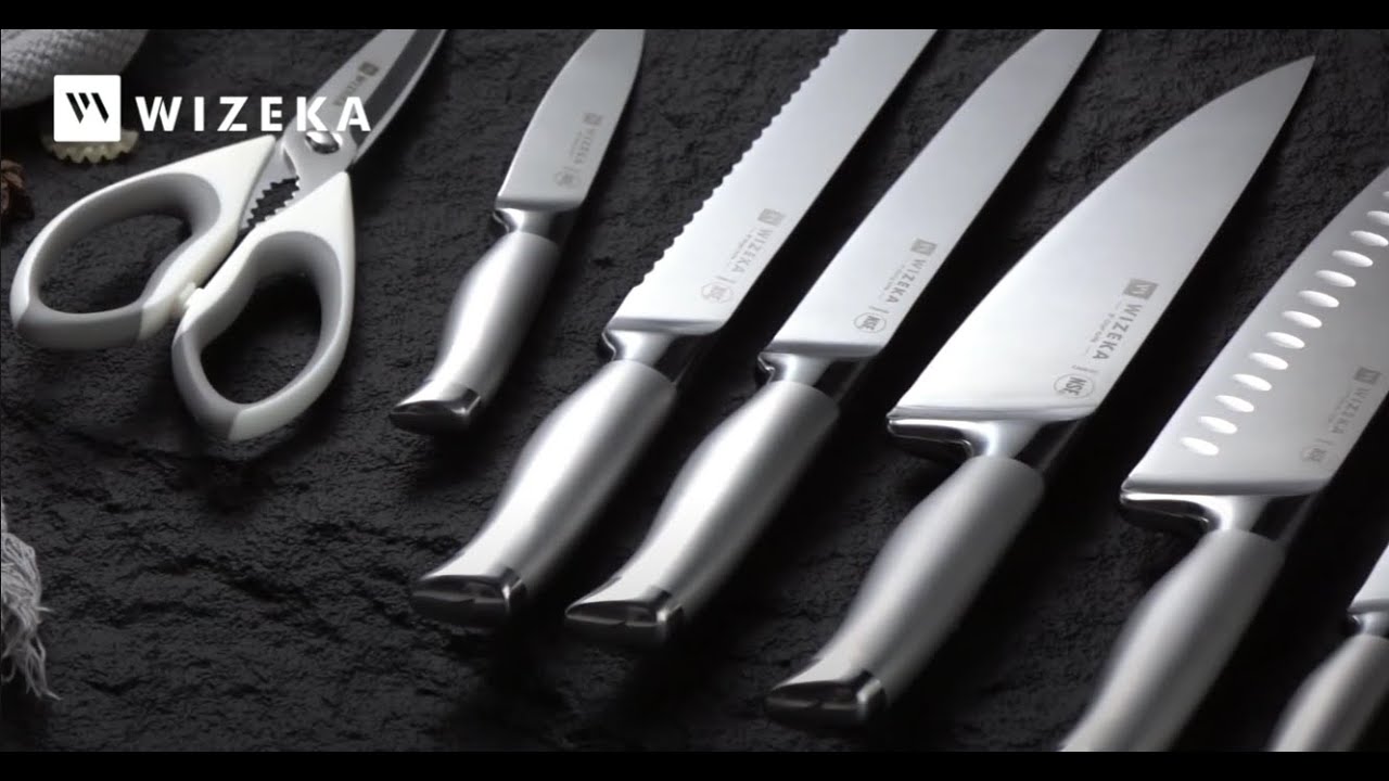 Kitchen Knife Set with Block: 15PCS Easy-Care Knife Block Set with Sharpener, One-Piece German Stainless Steel Kitchen Knives, Silver Wings Series