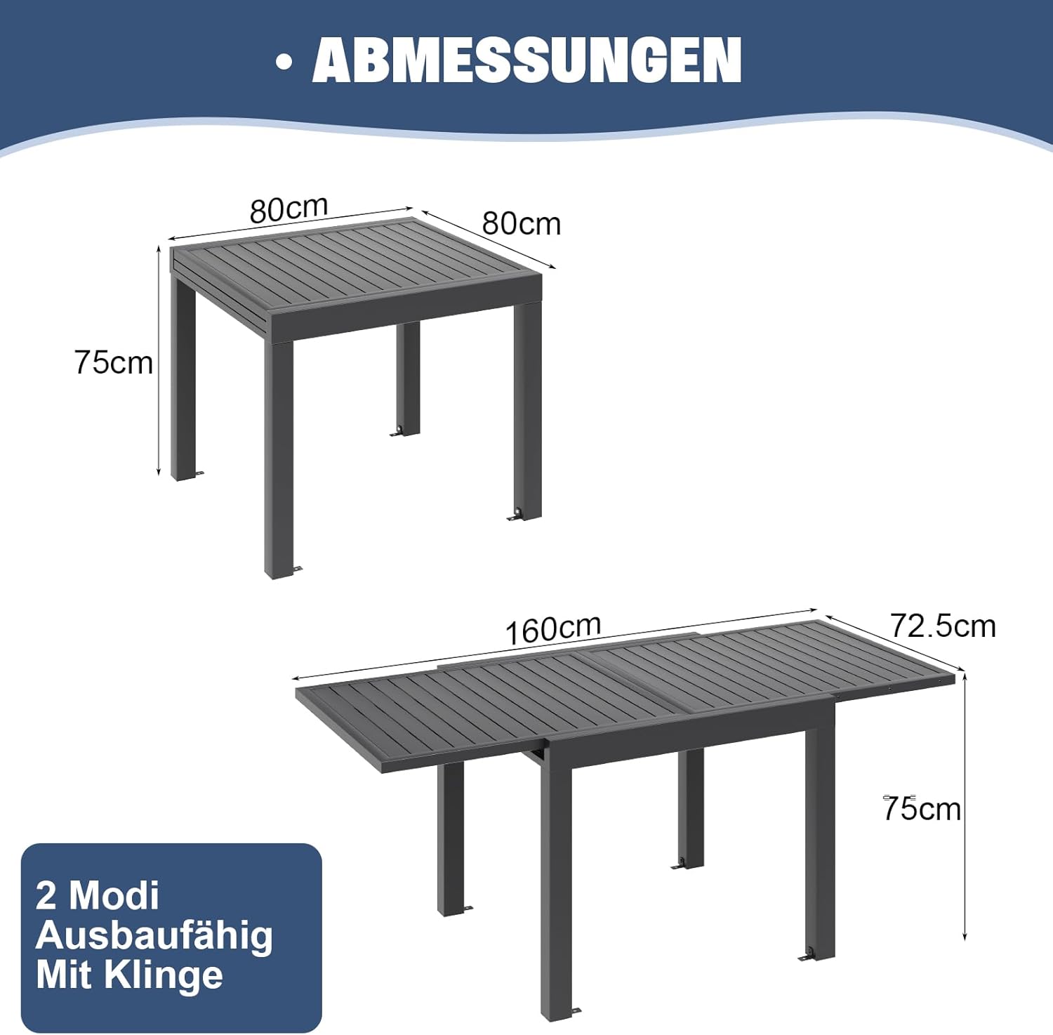 CASA MÃSURARULUI FURNITURE COMPANY Esstisch Ausziehbar，80/160 x 75cm Gartentisch Ausziehbar, Aluminium Balkon Ausziehtisc, Gartentisch Wetterfest,ausziehbar auf 160cm, Outdoor Esstisch, Dunkelgrau