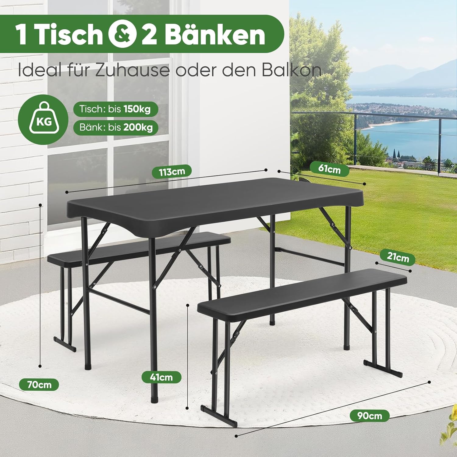 CASA MÃSURARULUI FURNITURE COMPANY Bierzeltgarnitur Klappbar Kunststoff | 113 x 61 cm Esstisch Set mit 2 Bänken für 4 Personen | Festzeltgarnitur für drinnen - draußen | Biertisch Set Garten (Schwarz)
