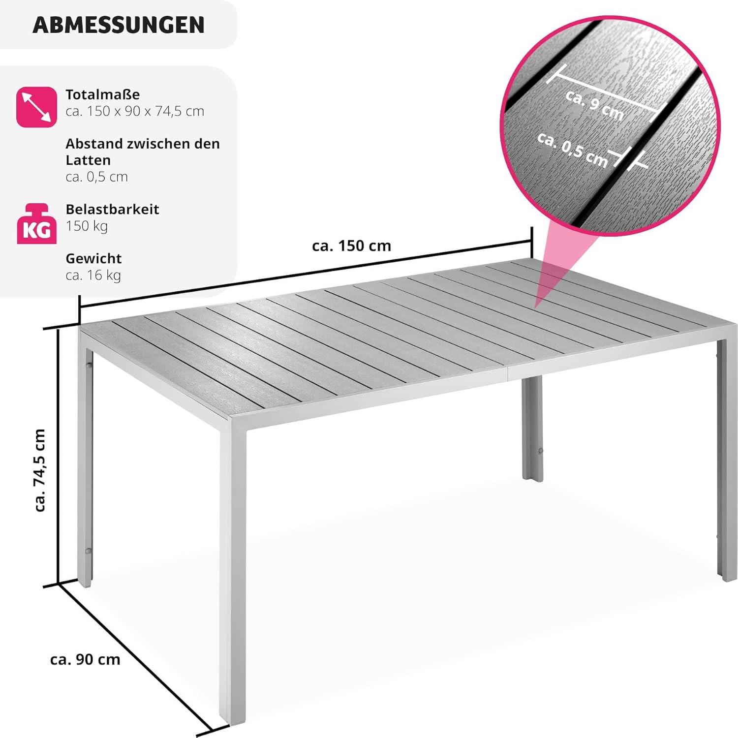 CASA MÃSURARULUI FURNITURE COMPANY Gartentisch, Outdoor Esstisch, Balkontisch in Holz Optik, Terrassentisch mit Aluminiumrahmen, Gartenmöbel wetterfest, 150 x 90 x 74,5 cm, Tisch für Garten, Lounge, Sitzgruppe - schwarz/grau