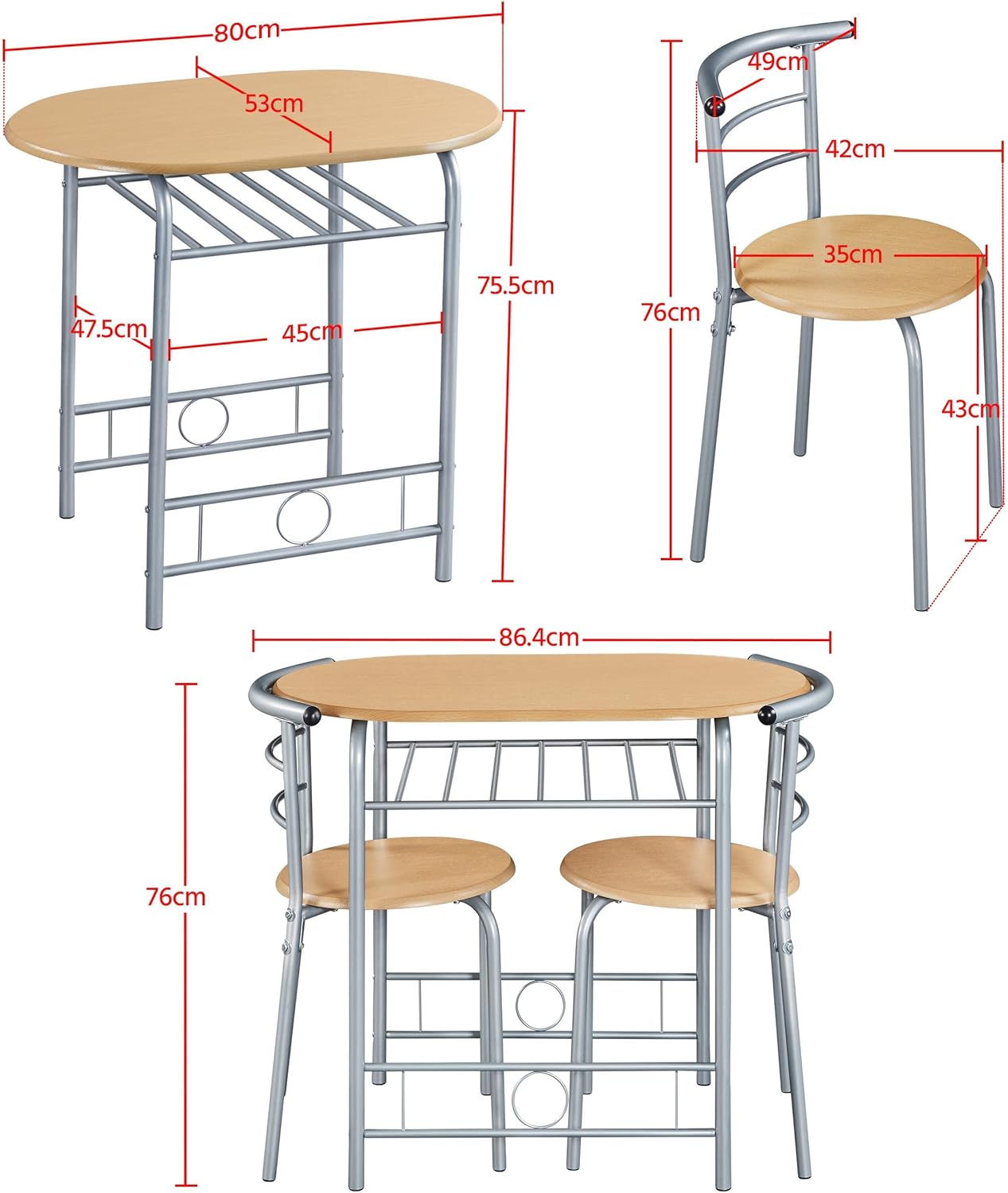 CASA MÃSURARULUI FURNITURE COMPANY Essgruppe 3-teilig, Esszimmergruppe Esstisch mit 2 Stühlen Set, Küchentisch-Set, Sitzgruppe Küchentisch mit Ablage, Holztisch Balkontisch, platzsparend, Holzfarbe