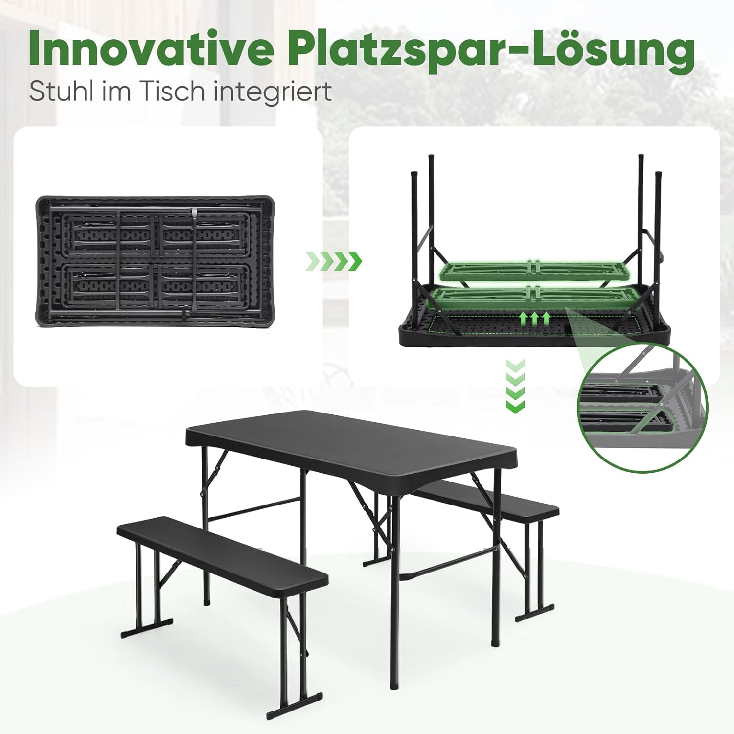 CASA MÃSURARULUI FURNITURE COMPANY Bierzeltgarnitur Klappbar Kunststoff | 113 x 61 cm Esstisch Set mit 2 Bänken für 4 Personen | Festzeltgarnitur für drinnen - draußen | Biertisch Set Garten (Schwarz)