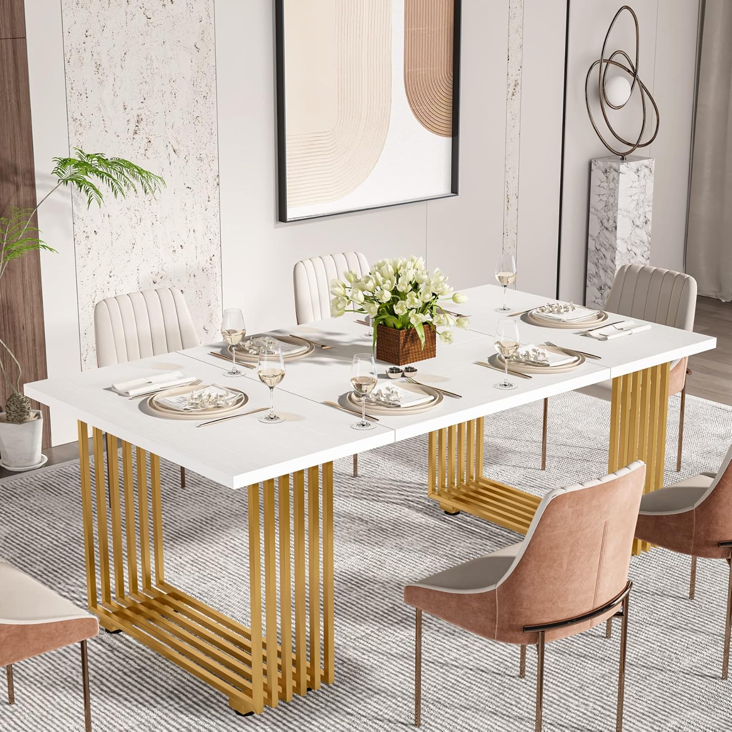CASA MÃSURARULUI FURNITURE COMPANY Esstisch für 6-8 Personen, 70,8 Zoll lang, weißer Esszimmertisch für Küche, Holz Küchentisch mit goldenen Metallbeinen, rechteckiger Esstisch für Esszimmer, Familientreffen