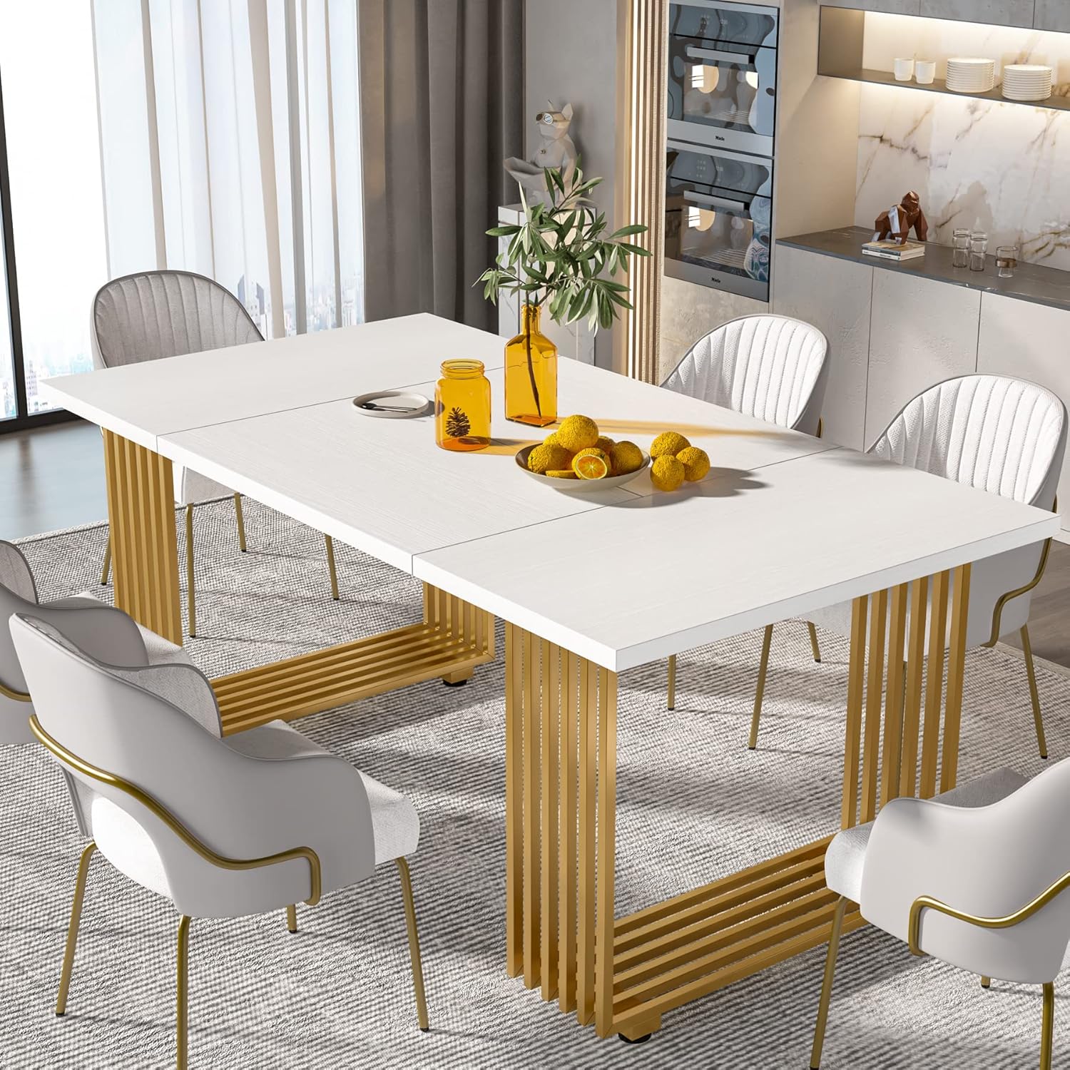 CASA MÃSURARULUI FURNITURE COMPANY Esstisch für 6-8 Personen, 70,8 Zoll lang, weißer Esszimmertisch für Küche, Holz Küchentisch mit goldenen Metallbeinen, rechteckiger Esstisch für Esszimmer, Familientreffen