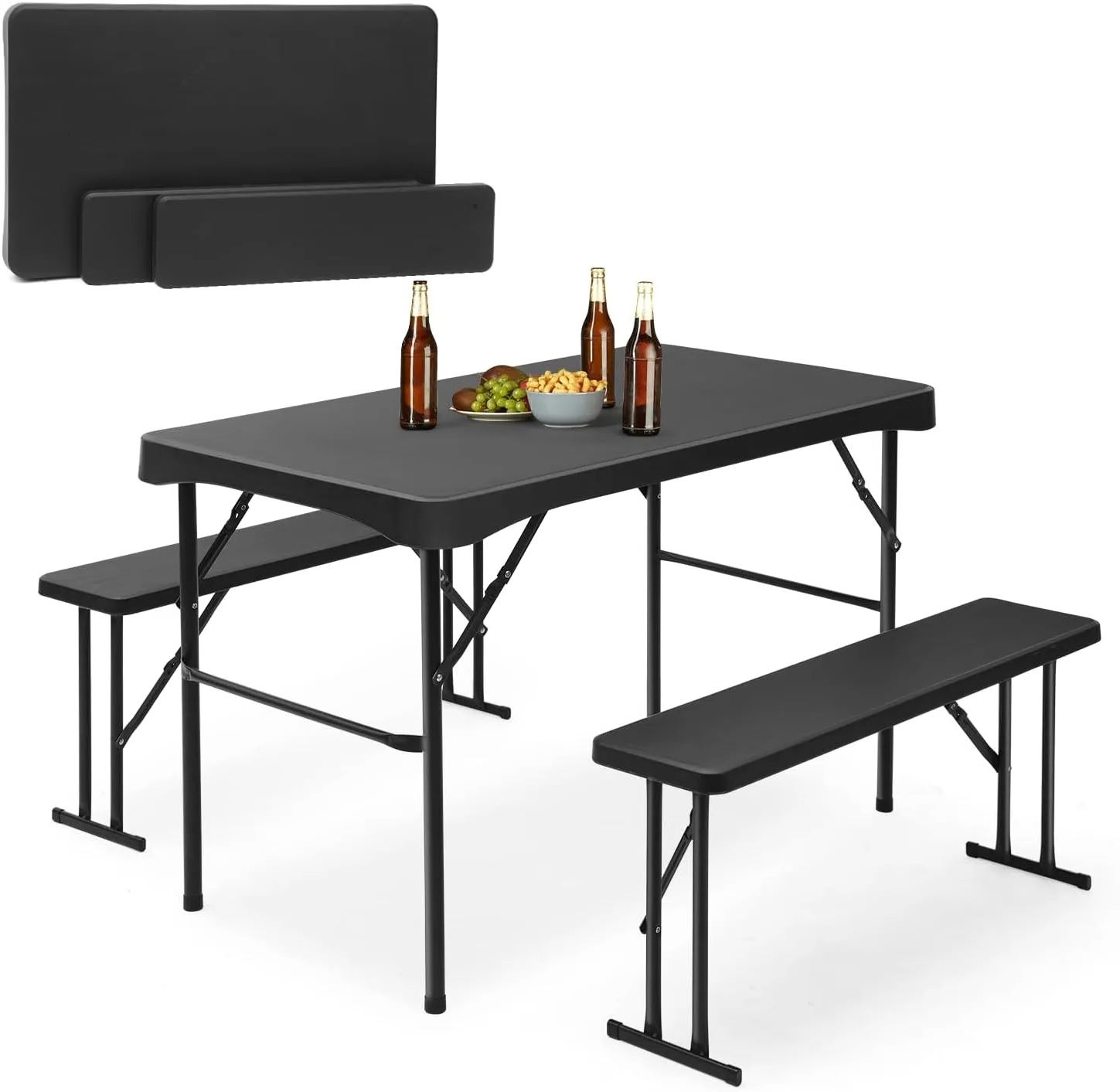 CASA MÃSURARULUI FURNITURE COMPANY Bierzeltgarnitur Klappbar Kunststoff | 113 x 61 cm Esstisch Set mit 2 Bänken für 4 Personen | Festzeltgarnitur für drinnen - draußen | Biertisch Set Garten (Schwarz)
