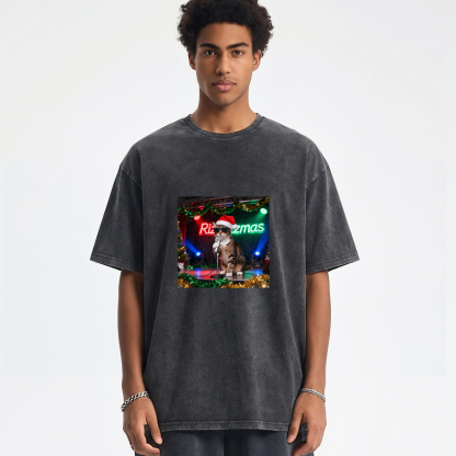 The cat singing while wearing a Santa hat Washed T-shirt