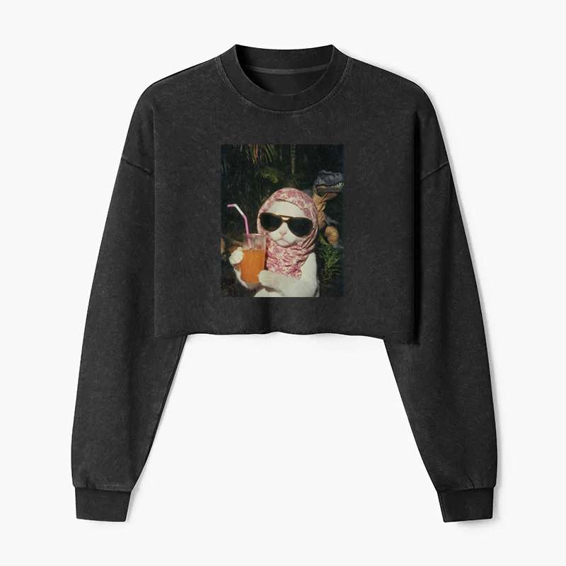 Feline Prehistoric Picnic Washed Crop Sweatshirt