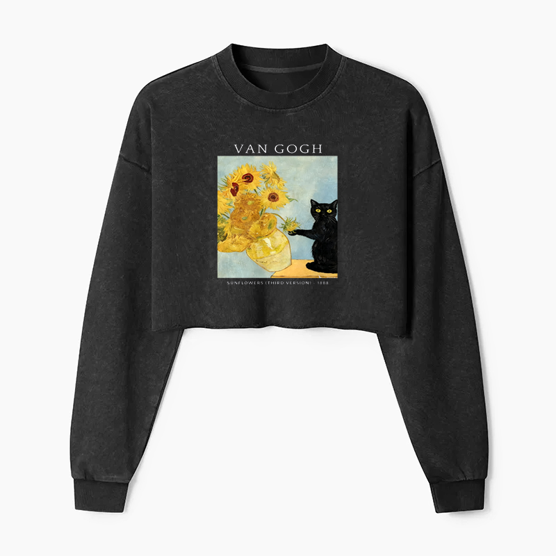 Van Gogh's Feline Muse Washed Crop Sweatshirt