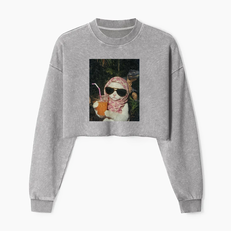 Feline Prehistoric Picnic Washed Crop Sweatshirt