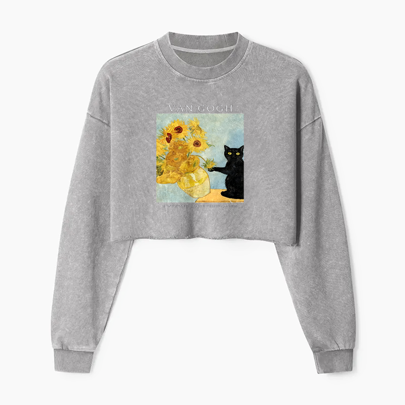 Van Gogh's Feline Muse Washed Crop Sweatshirt