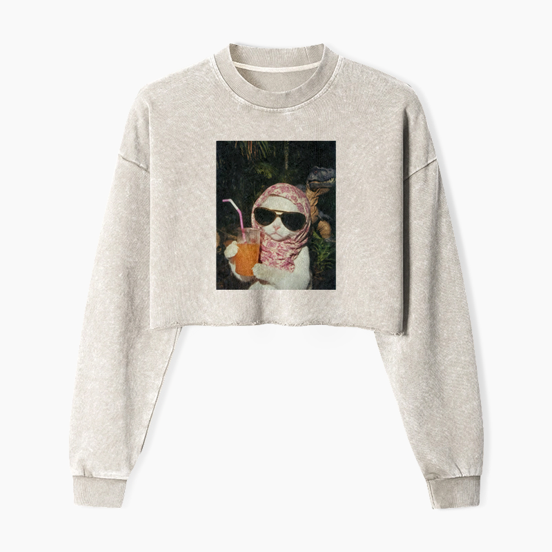 Feline Prehistoric Picnic Washed Crop Sweatshirt