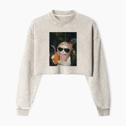 Feline Prehistoric Picnic Washed Crop Sweatshirt