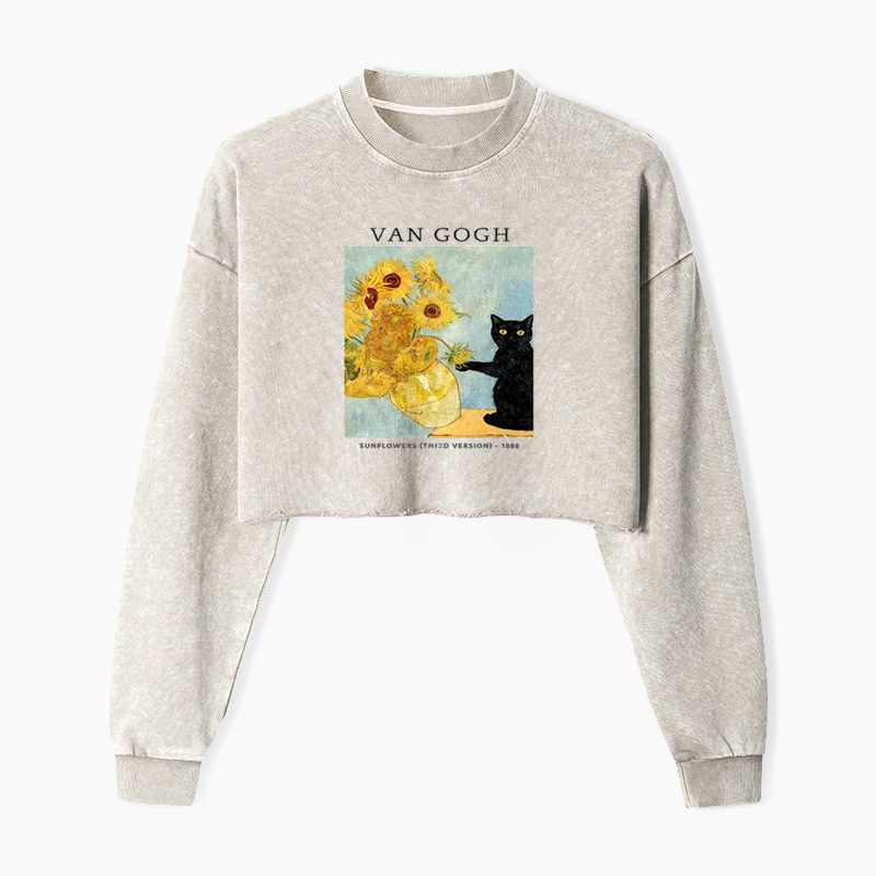 Van Gogh's Feline Muse Washed Crop Sweatshirt