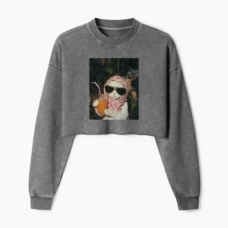Feline Prehistoric Picnic Washed Crop Sweatshirt