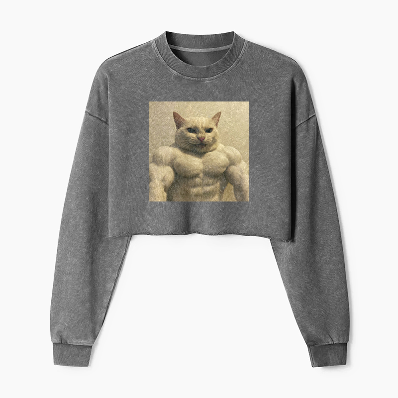 Feline Bodybuilder Ascension Washed Crop Sweatshirt