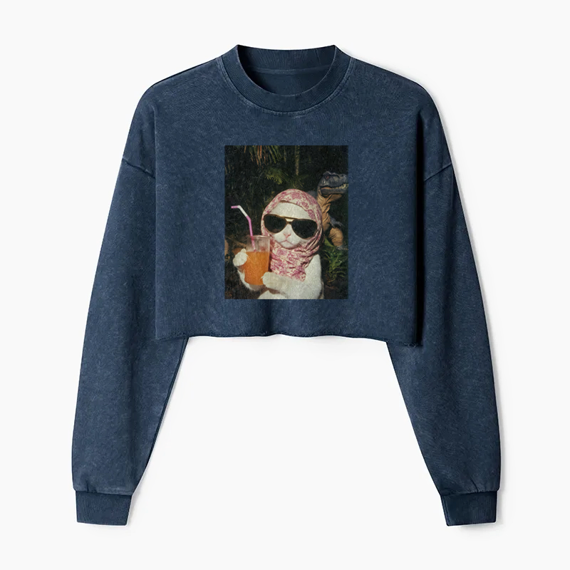 Feline Prehistoric Picnic Washed Crop Sweatshirt