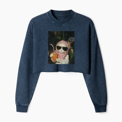 Feline Prehistoric Picnic Washed Crop Sweatshirt