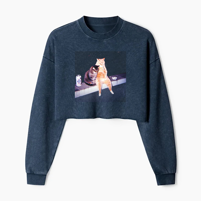 Smoking cats Washed Crop Sweatshirt