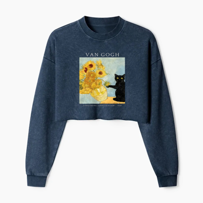 Van Gogh's Feline Muse Washed Crop Sweatshirt