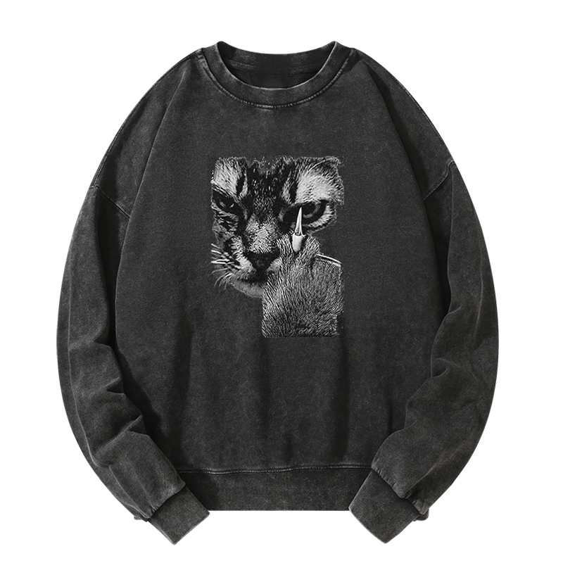 Angry Cat Middle Finger Washed Sweatshirt