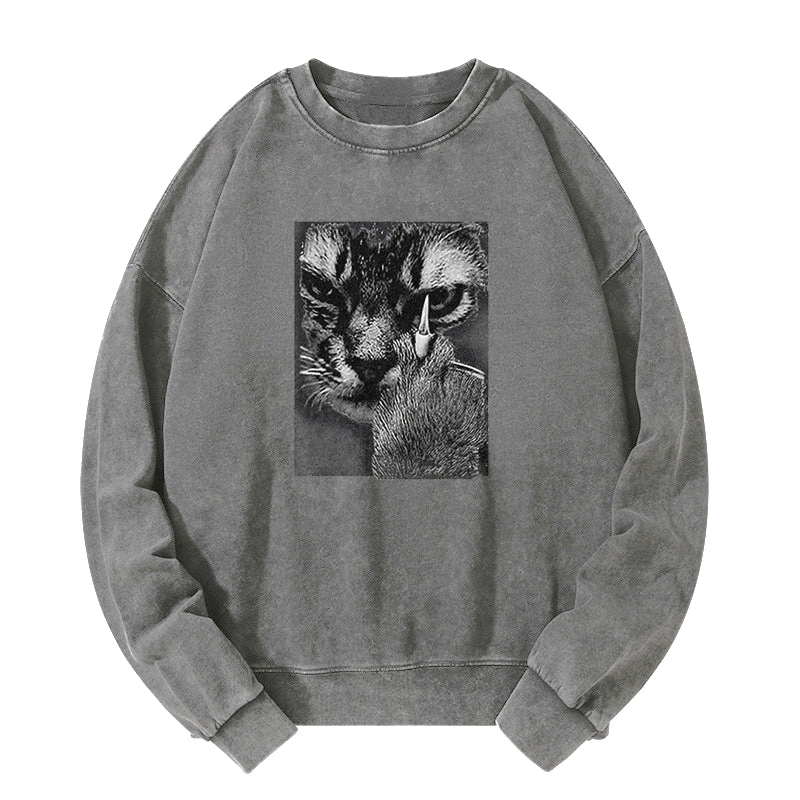 Angry Cat Middle Finger Washed Sweatshirt