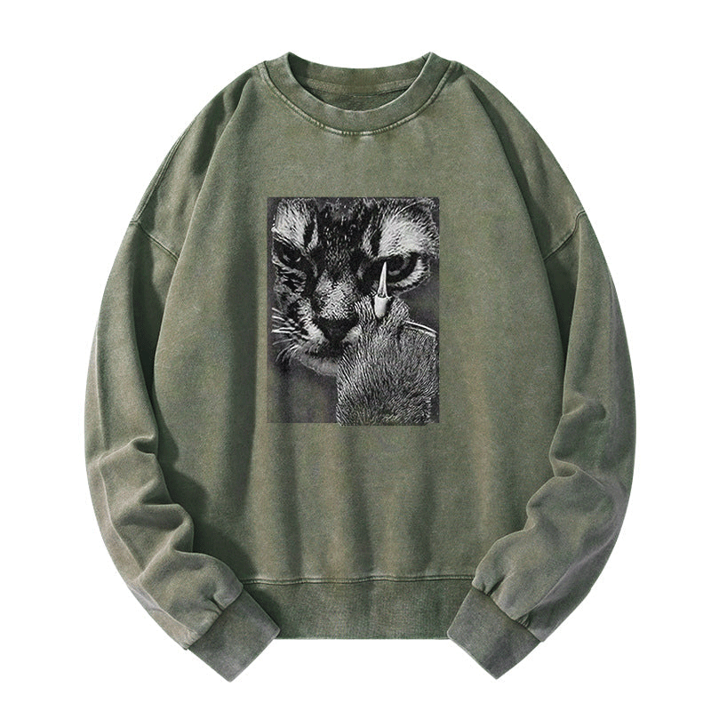 Angry Cat Middle Finger Washed Sweatshirt