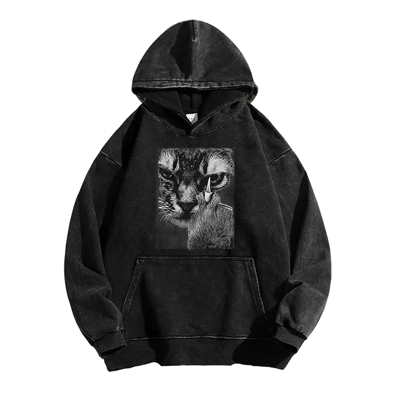 Angry Cat Middle Finger Washed Hoodie