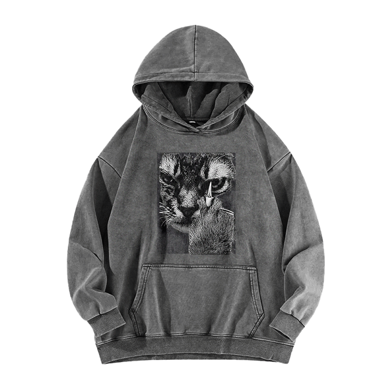 Angry Cat Middle Finger Washed Hoodie
