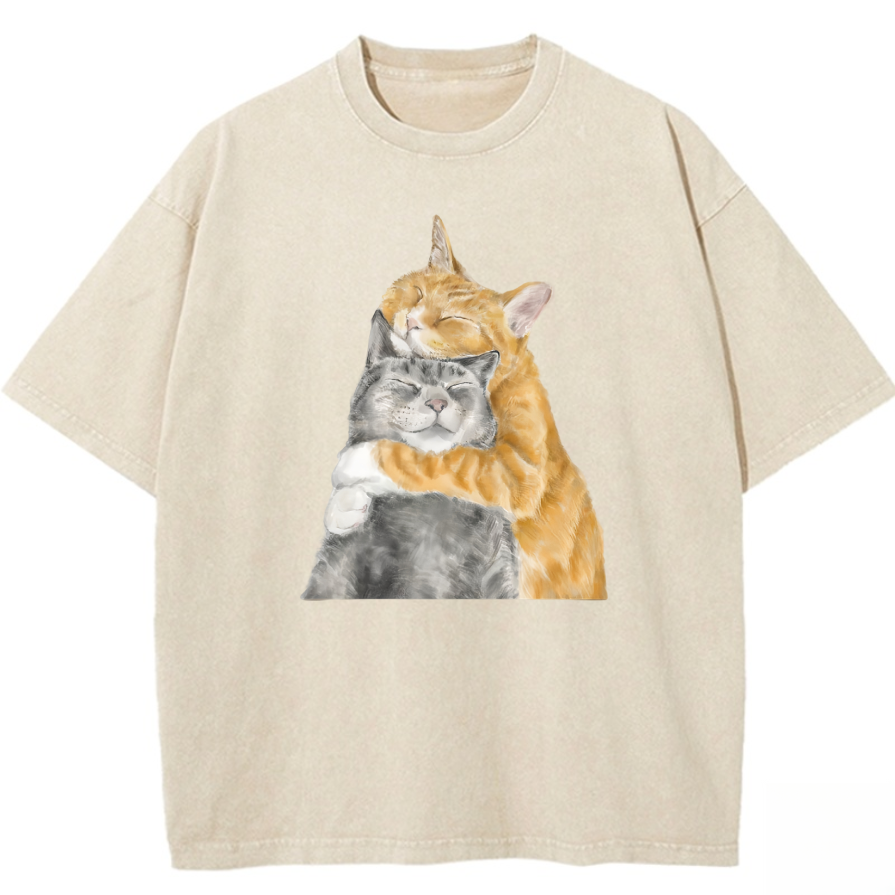 Hand-Illustrated Cat Graphic Washed T-Shirt