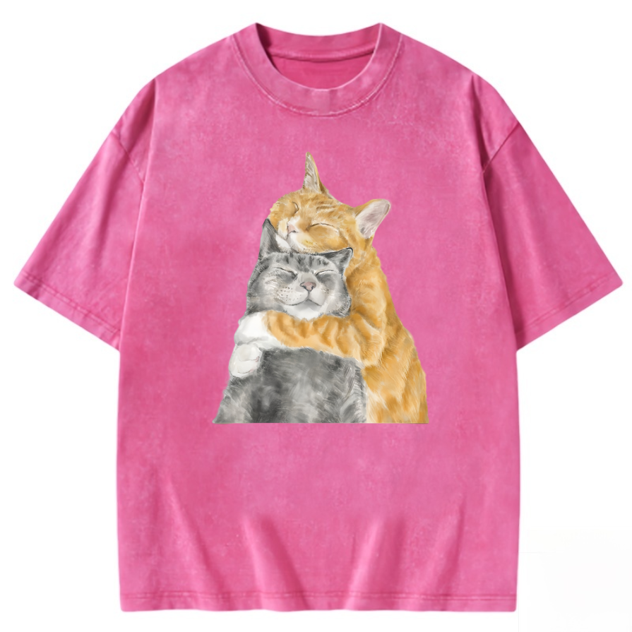 Hand-Illustrated Cat Graphic Washed T-Shirt