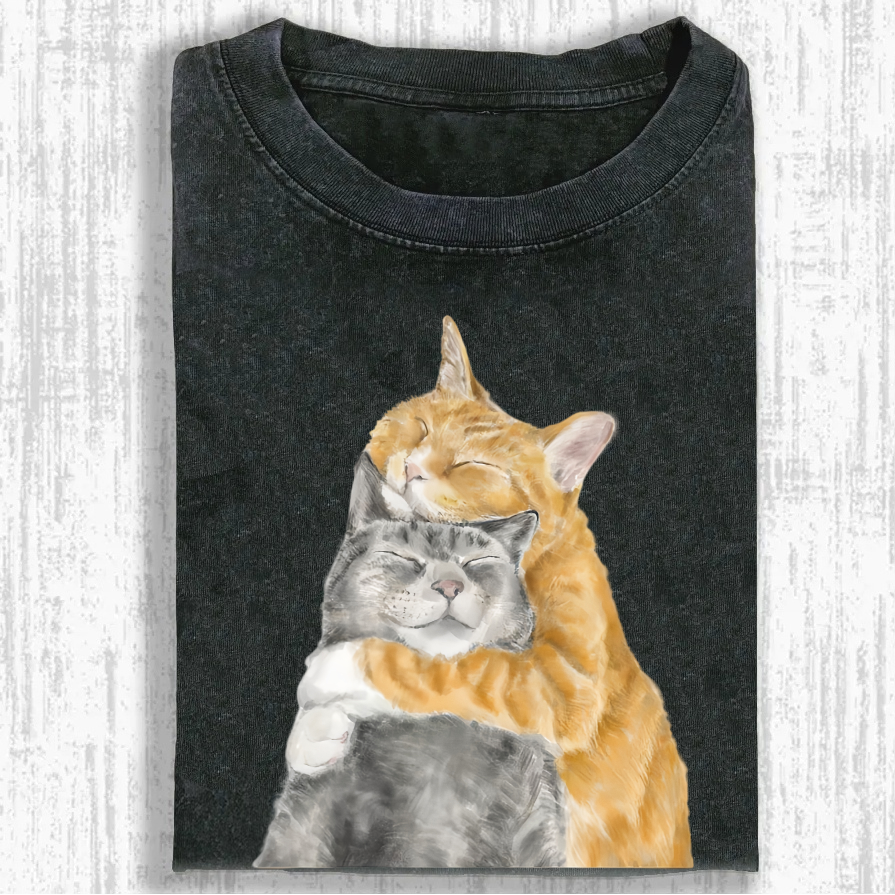 Hand-Illustrated Cat Graphic Washed T-Shirt
