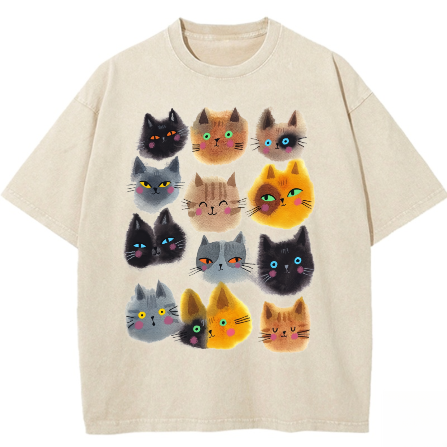 Vintage-Washed Tee with Hand-Drawn Cat Print