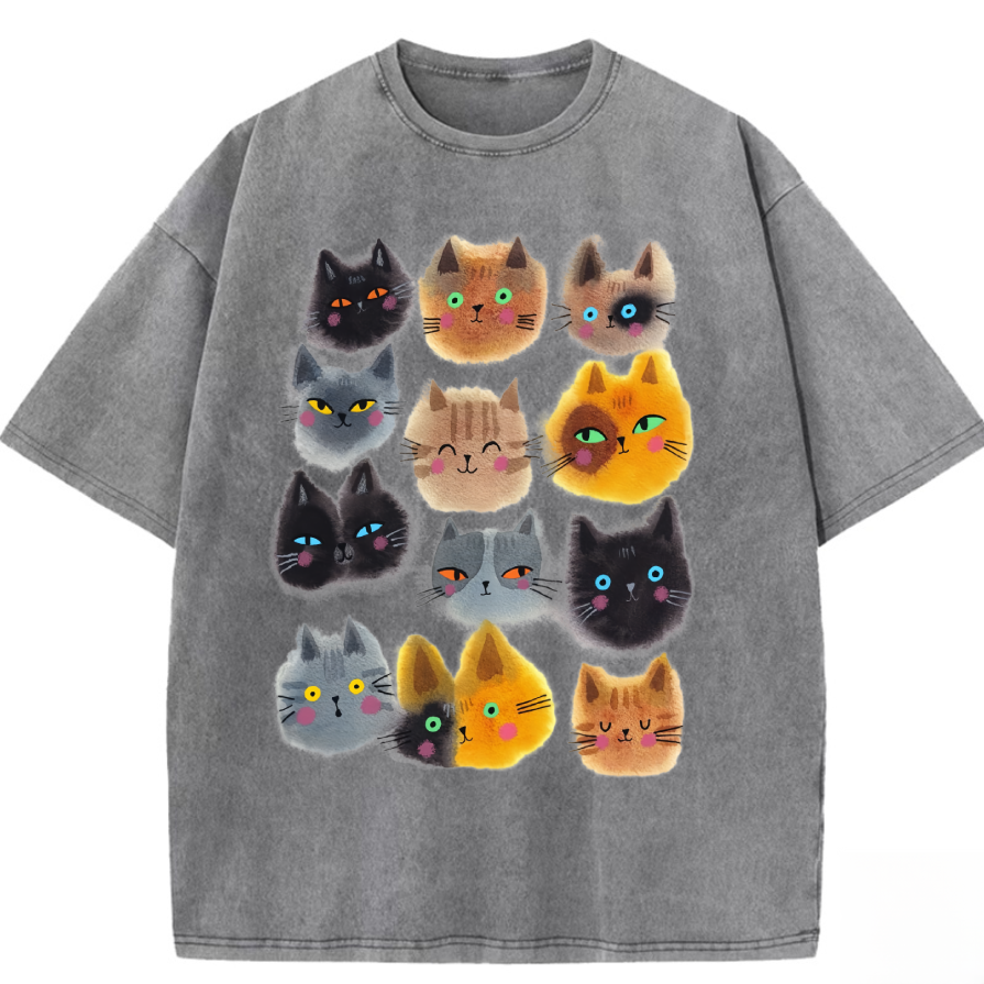 Vintage-Washed Tee with Hand-Drawn Cat Print