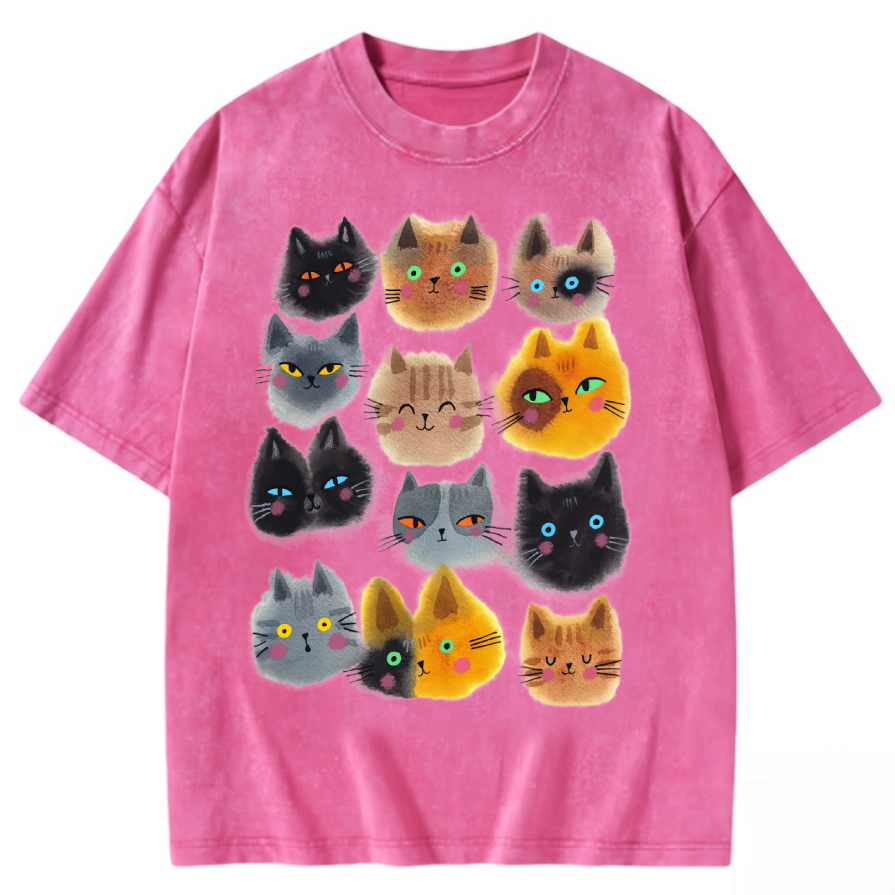 Vintage-Washed Tee with Hand-Drawn Cat Print
