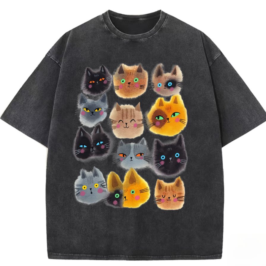 Vintage-Washed Tee with Hand-Drawn Cat Print