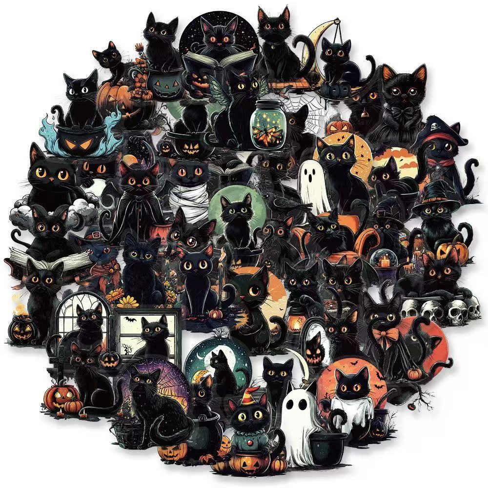 Halloween Black Cat Stickers – 50pcs