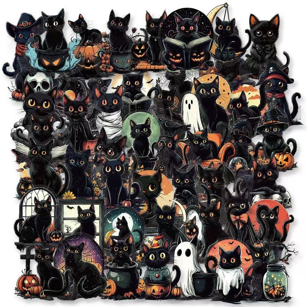 Halloween Black Cat Stickers – 50pcs
