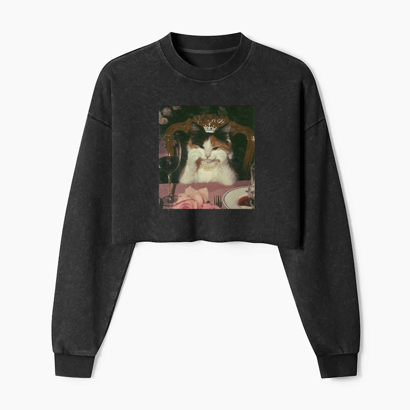Cat Princess Dinner Washed Crop Sweatshirt