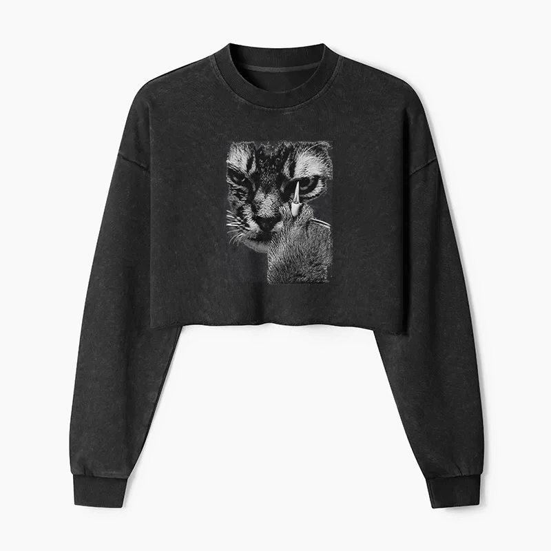 Angry Cat Middle Finger Washed Crop Sweatshirt