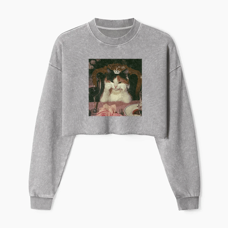 Cat Princess Dinner Washed Crop Sweatshirt