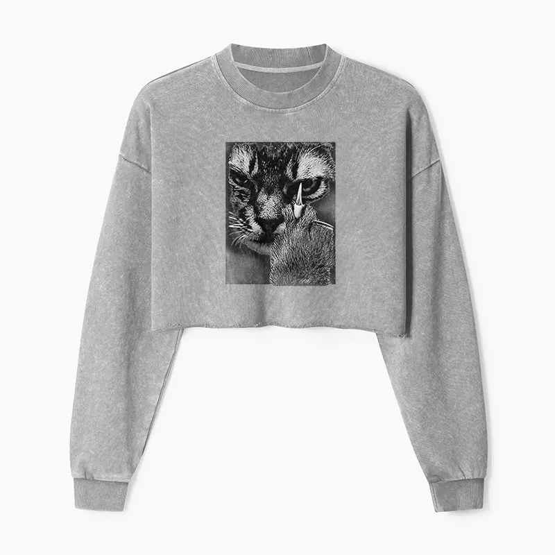 Angry Cat Middle Finger Washed Crop Sweatshirt