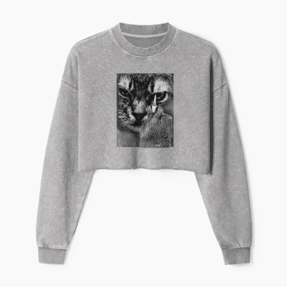 Angry Cat Middle Finger Washed Crop Sweatshirt