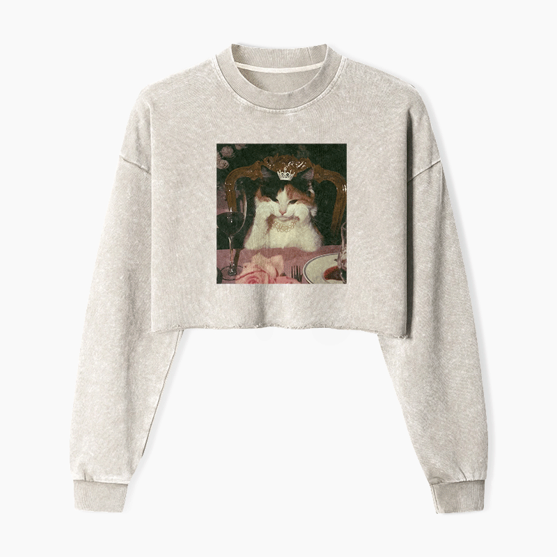 Cat Princess Dinner Washed Crop Sweatshirt