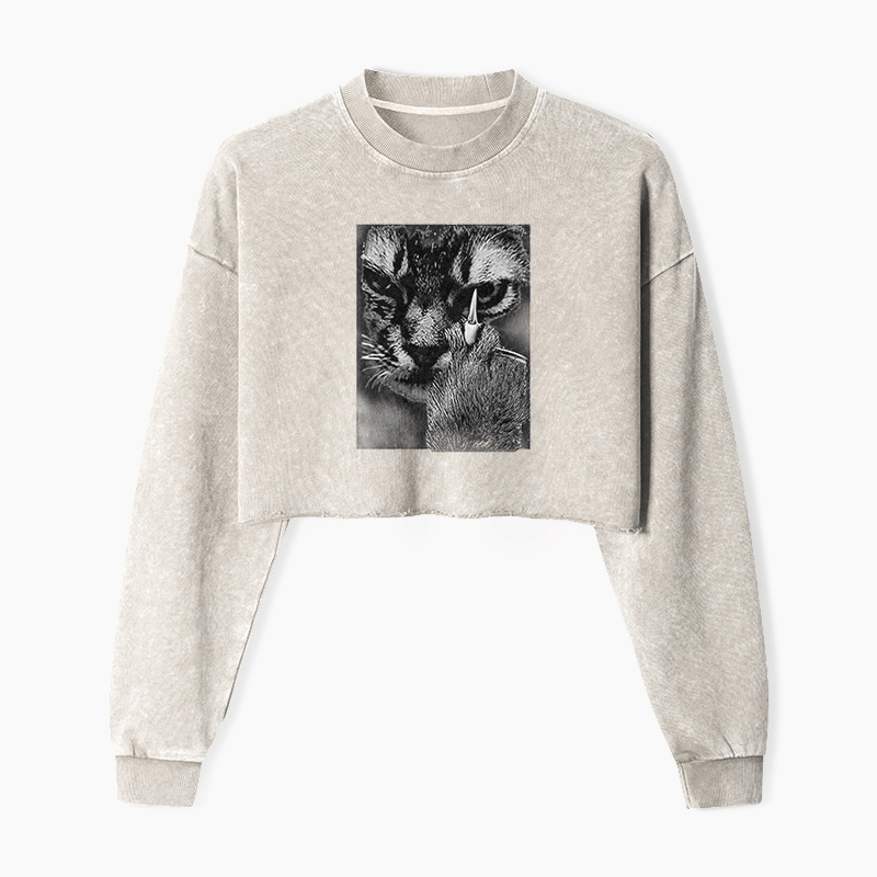 Angry Cat Middle Finger Washed Crop Sweatshirt
