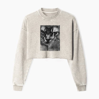 Angry Cat Middle Finger Washed Crop Sweatshirt