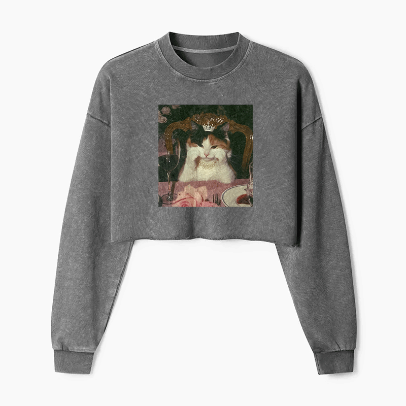 Cat Princess Dinner Washed Crop Sweatshirt
