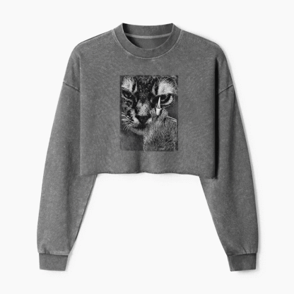 Angry Cat Middle Finger Washed Crop Sweatshirt