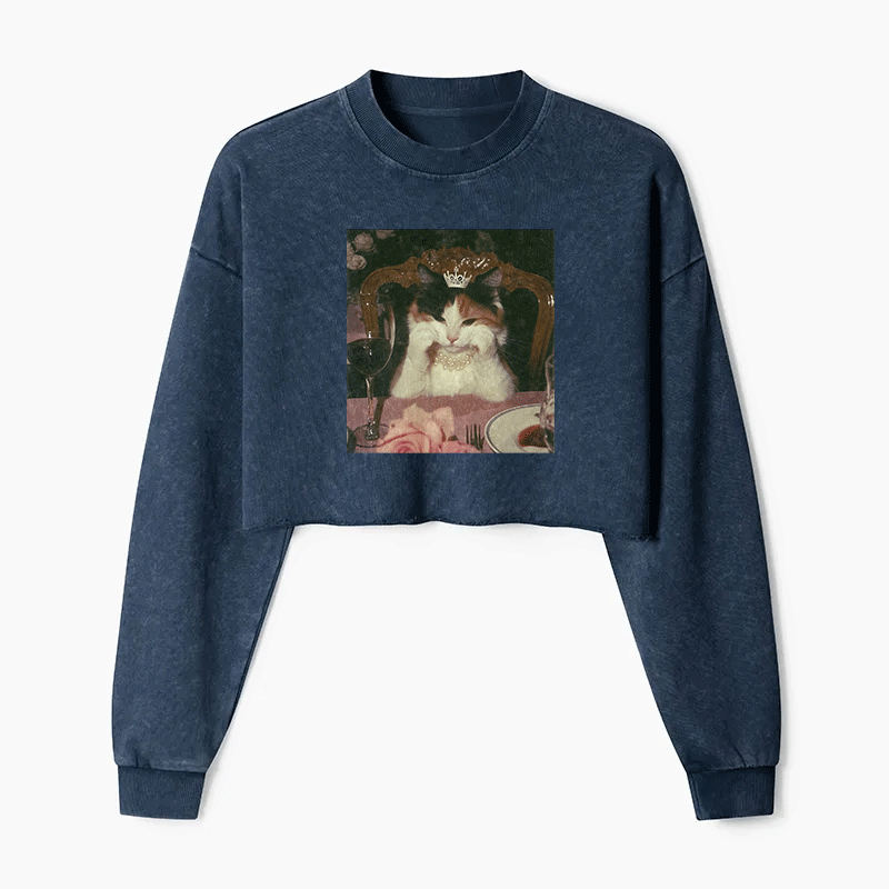 Cat Princess Dinner Washed Crop Sweatshirt
