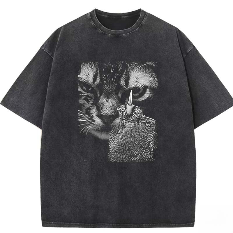 Angry Cat Middle Finger Washed T-shirt