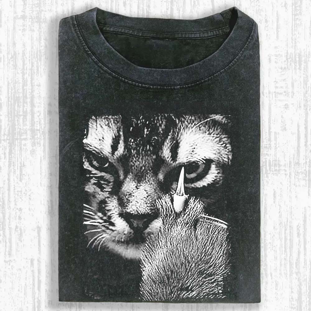 Angry Cat Middle Finger Washed T-shirt